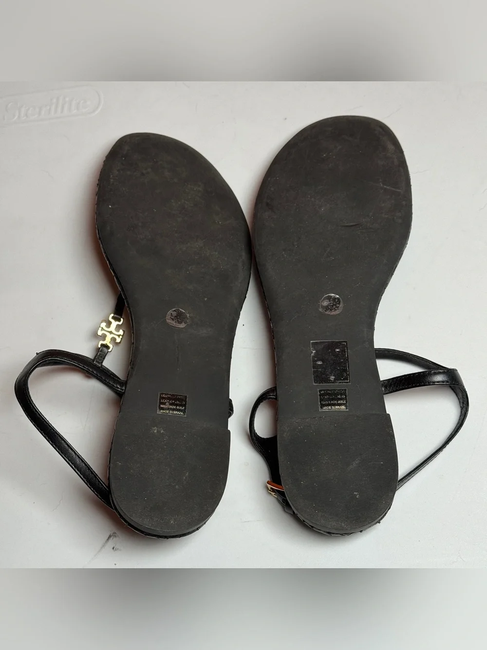 Tory Burch Marion Quilted Thong Sandals Black Leather Ankle Strap Gold Logo sz 9